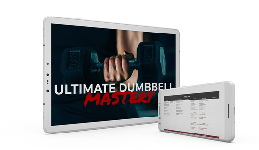 Ultimate Dumbbell Master cover on tablet with mobile Week One example
