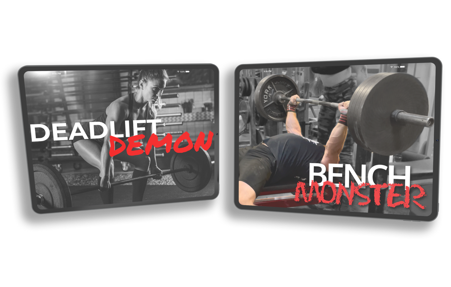 Deadlift Demon and Bench Monster covers on tablets