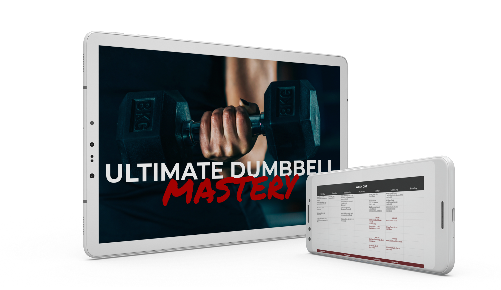 Ultimate Dumbbell Master cover on tablet with mobile Week One example