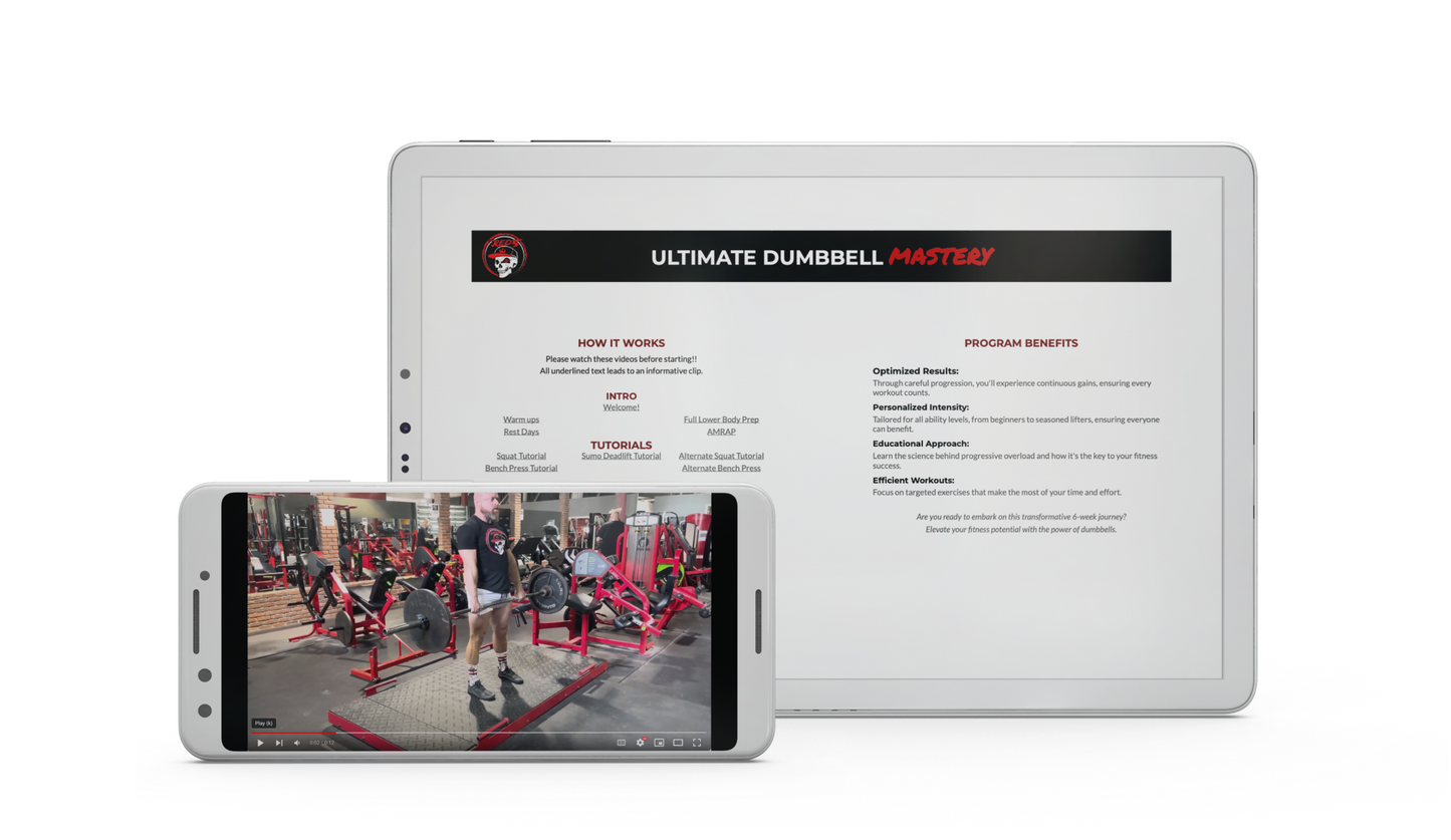 Ultimate Dumbbell Mastery intro on tablet with mobile video example