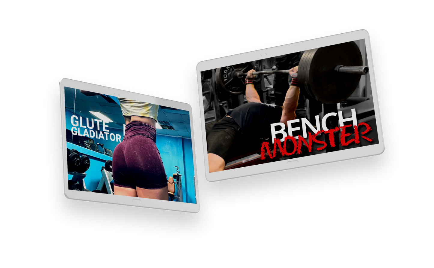 Glute Gladiator and Bench Monster covers on tablets