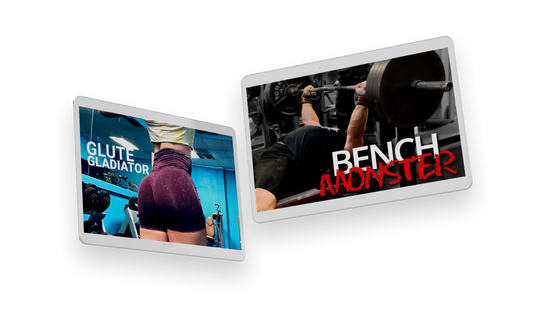 Glute Gladiator and Bench Monster covers on tablets