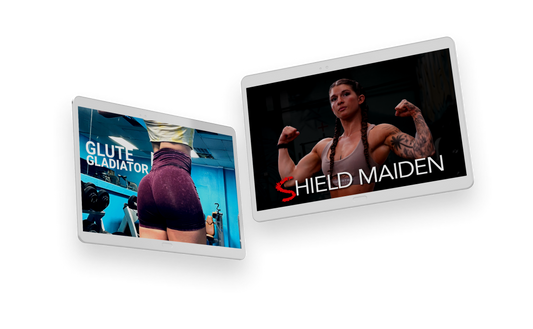 Glute Gladiator and Shield Maiden covers on tablets