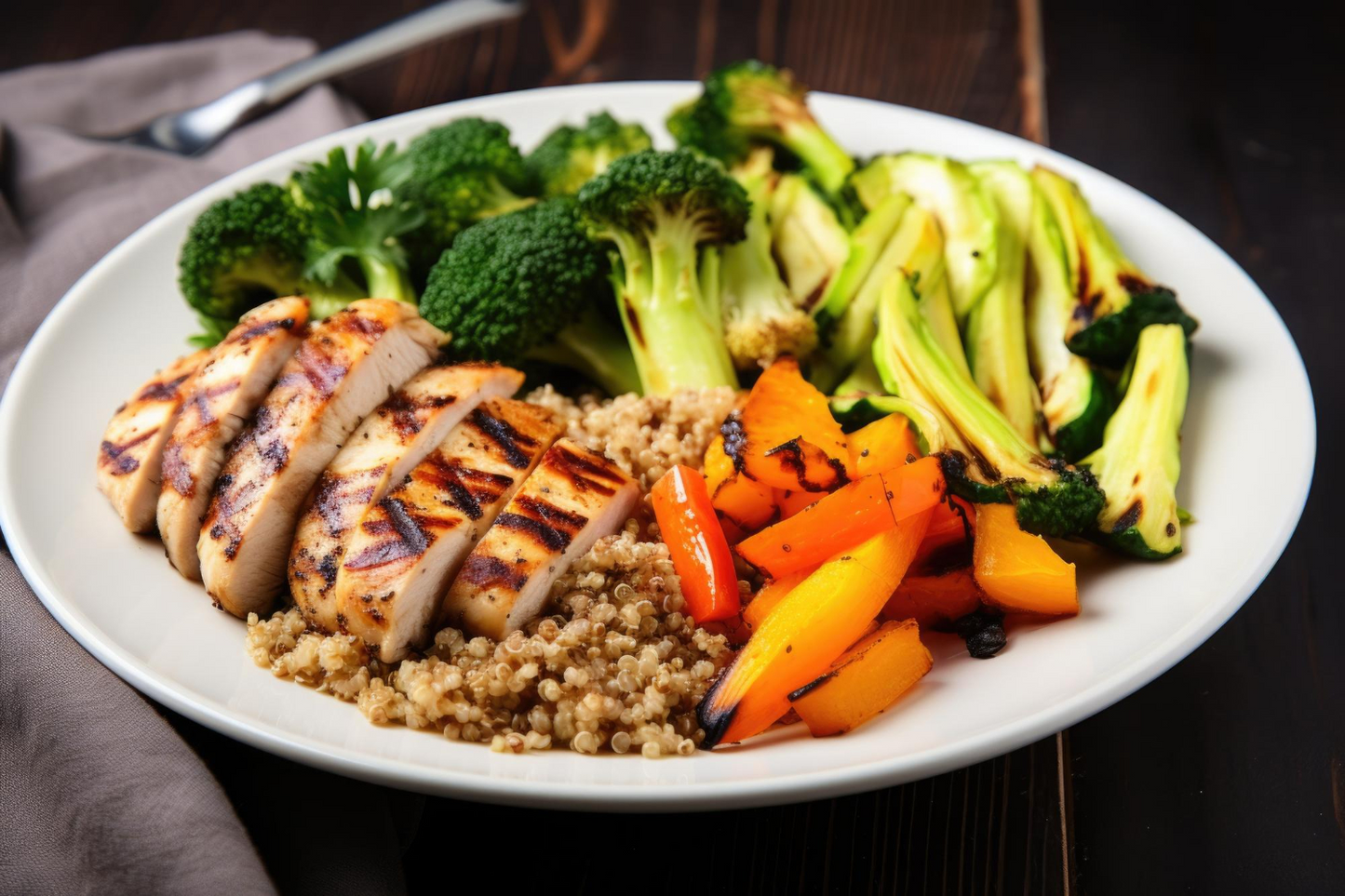 Grilled chicken with roasted vegetables on top a bed of quinoa